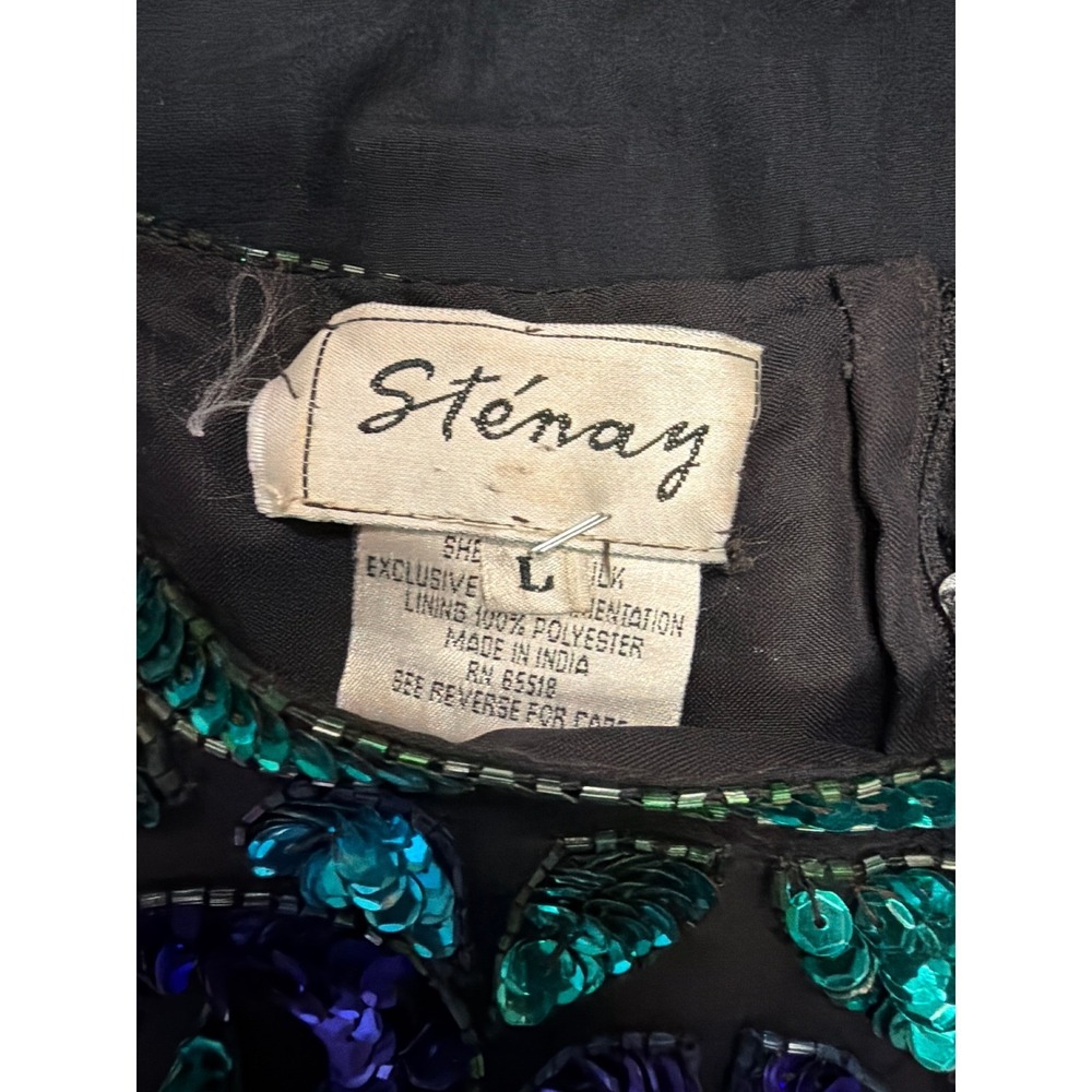 Stenay Vintage Silk Sequin Blouse Teal Purple Green Beaded Evening Top Large - Picture 2 of 5